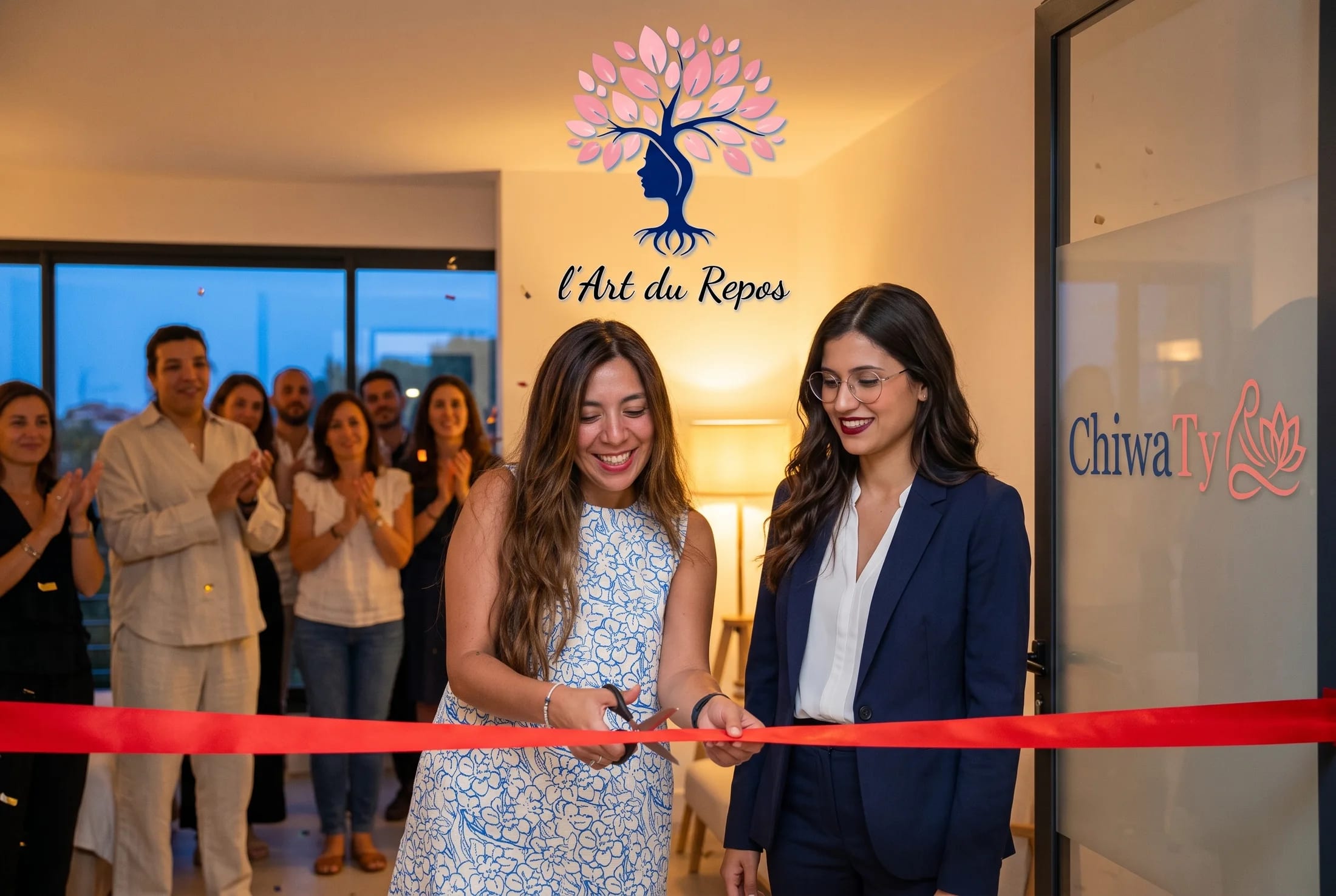 Scène chaleureuse d'inauguration avec public dans le salon.