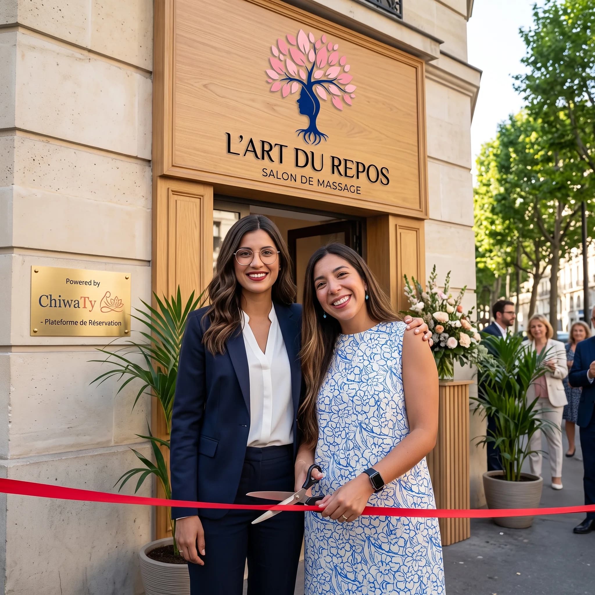 Les fondatrices devant la façade de L'Art du Repos pendant l'inauguration.